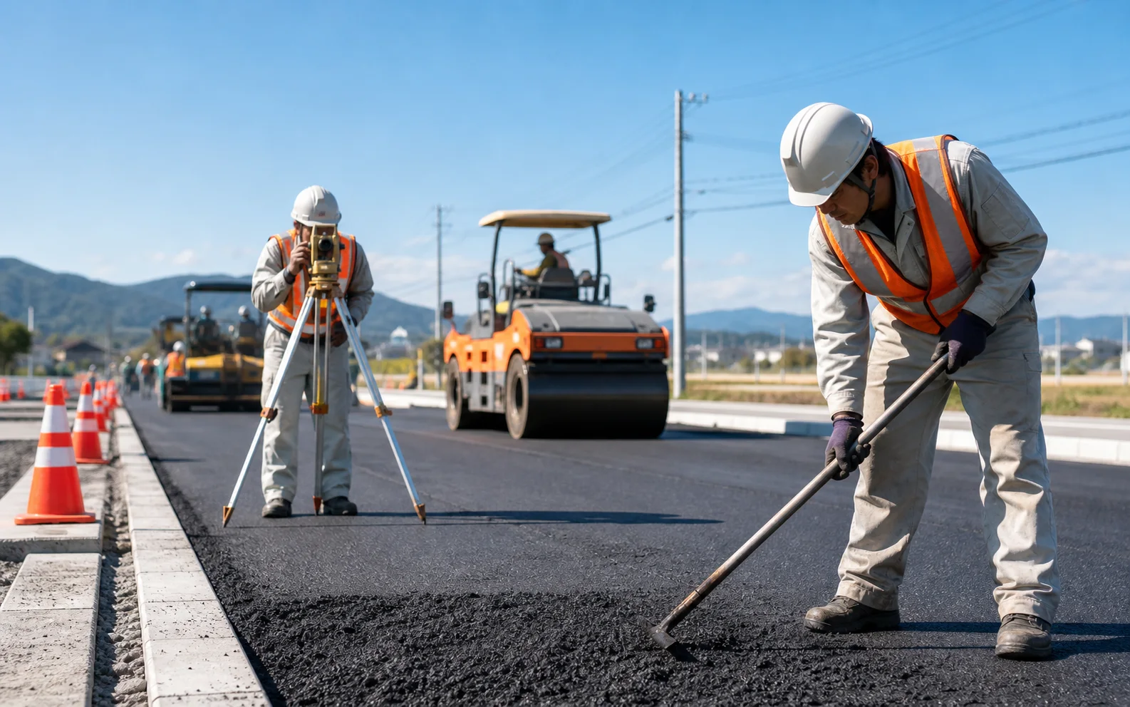 道路工事に取り組む土木作業スタッフ